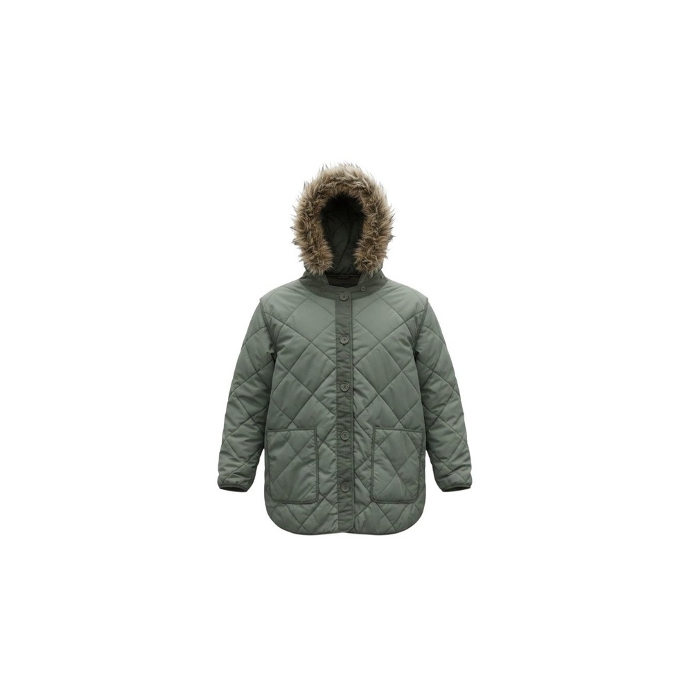 American Eagle Quilted Jacket Womens L Green Faux Fur Hooded Button Puffer